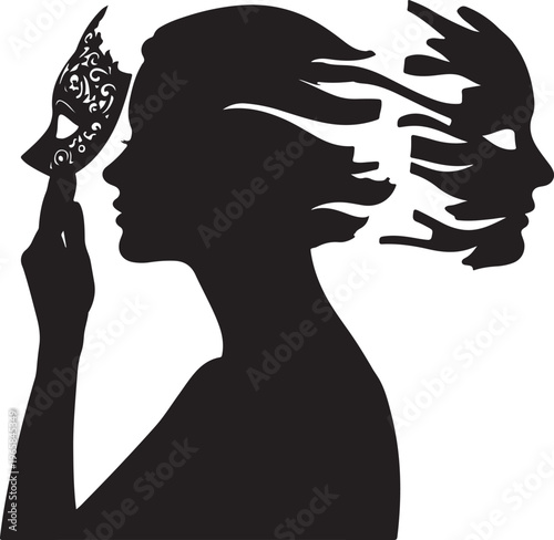 A conceptual black and white silhouette of a woman revealing her inner self through a mask motif