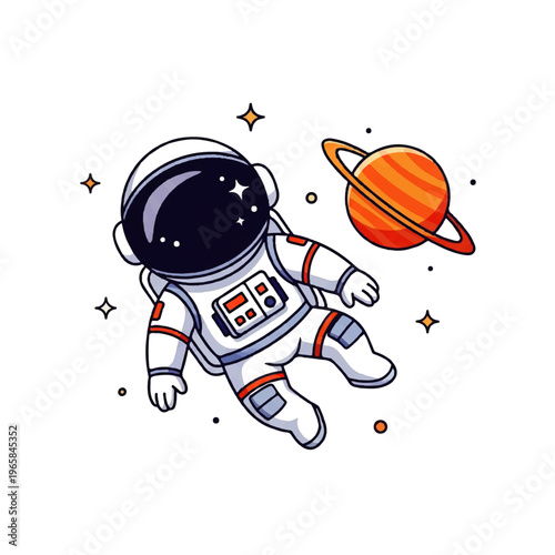 Vector flat design illustration of an astronaut floating in space near a ringed planet with stars
