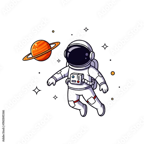 Vector Flat Design Illustration of a cute astronaut floating in space near a colorful planet with stars