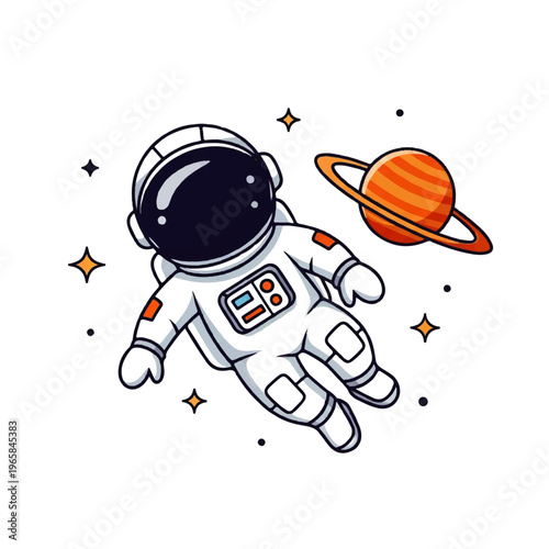 Vector flat design illustration of a cute astronaut floating in space near a ringed planet with stars