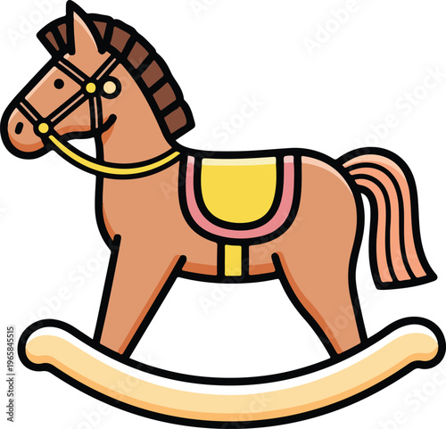 Traditional Rocking Horse Toy with Decorative Saddle and Bridle, Nostalgic Children's Plaything Flat Design Vector Illustration
