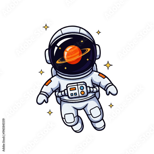 Vector flat design illustration of a cute astronaut floating in space with a planet reflected in the helmet visor