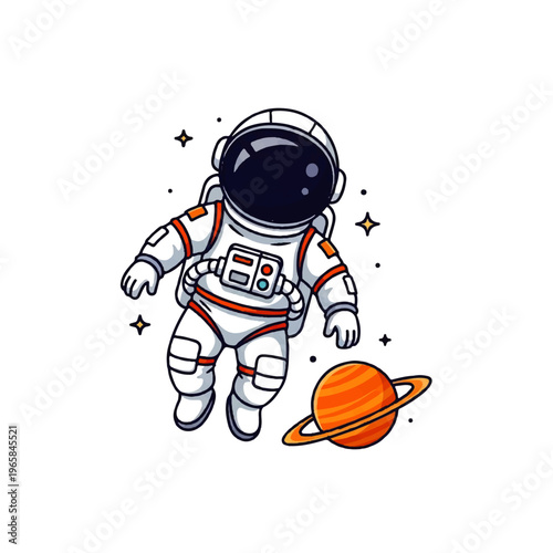Vector flat design illustration of an astronaut floating in space near a planet with rings, surrounded by stars
