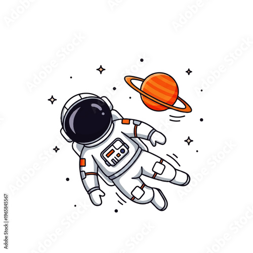 Vector flat design illustration of a cute astronaut floating in space near a ringed planet with stars