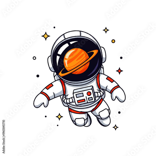 Vector flat design illustration of a cute astronaut floating in space with a planet reflected in the helmet visor
