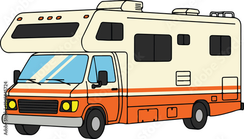 Class C Motorhome RV with Over-Cab Bunk and Two-Tone Orange Paint Scheme, Retro Road Trip Camper Flat Design Vector Illustration
