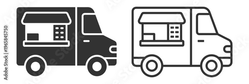 food truck icon set with solid and outline styles for delivery and street food on transparent background
