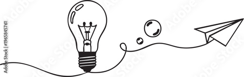 Black silhouette light bulb with wire and paper airplane