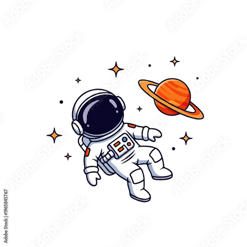 Vector flat design illustration of an astronaut floating in space near a ringed planet and stars