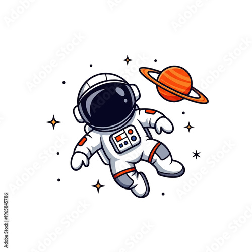 Vector flat design illustration of a cute astronaut floating in space near a ringed planet and stars