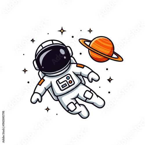 Vector flat design illustration of a cute astronaut floating in outer space near a colorful planet and stars