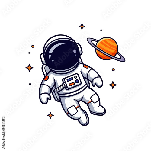 Vector flat design illustration of a cute astronaut floating in space near a planet and stars