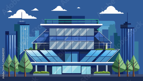 Modern Sustainable Office Building with Solar Panels and Green Trees, Flat Vector Illustration for Clean Energy and Eco Friendly Architecture Concept.