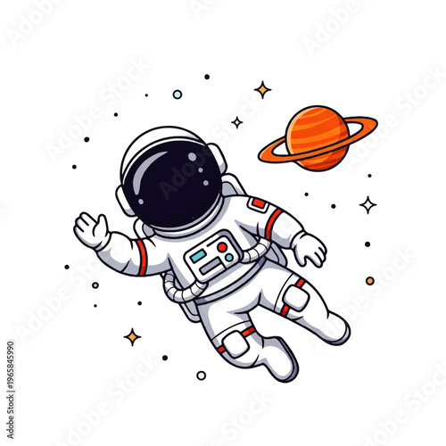 Vector flat design illustration of an astronaut floating in outer space near a colorful planet and stars
