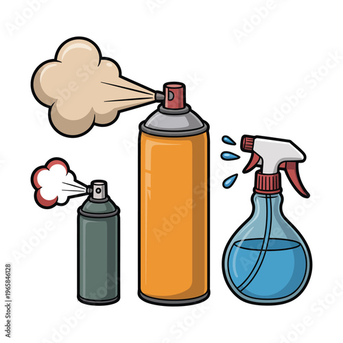 Spray bottle and cans vector illustration with colorful liquids