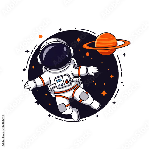 Vector flat design illustration of an astronaut floating in space near a ringed planet with stars