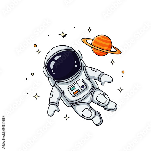 Vector flat design illustration of a cute astronaut floating in space near a ringed planet with stars