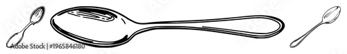 Silver marrow spoon set with monochrome line illustration featuring black, silver, spoon with line art and minimalist design on crisp white background