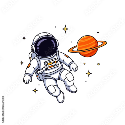 Vector flat design illustration of an astronaut floating in space near a ringed planet with stars