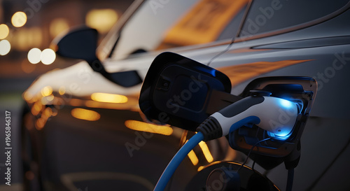 Closeup of electric car being charged with glowing blue connector at night