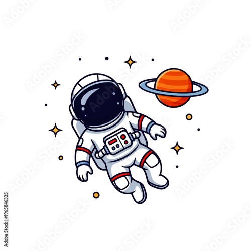 Vector flat design illustration of a cute astronaut floating in space with stars and a planet