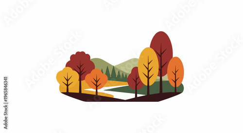 Stylized autumnal landscape with winding river and varied trees