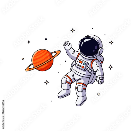 Vector flat design illustration of a cute astronaut floating in space near a ringed planet with stars