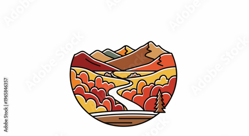 Stylized autumnal mountain landscape with winding river and lone pine tree