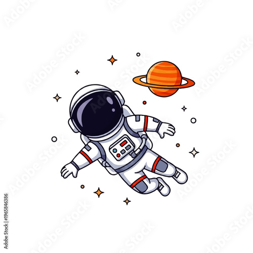 Vector flat design illustration of a cute astronaut floating in space near a planet with stars