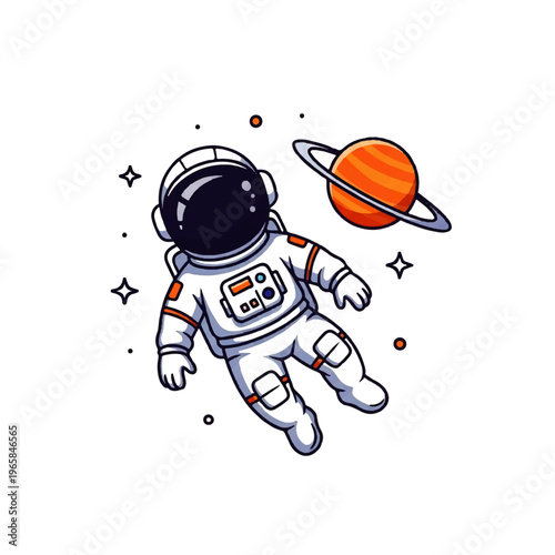 Vector flat design illustration of an astronaut floating in space near a ringed planet, representing exploration