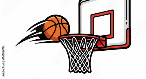 Stylized basketball soaring towards a hoop with motion lines
