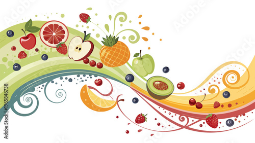 Vibrant fruit wave with colorful swirls and patterns on white background featuring apples pineapples kiwis and berries