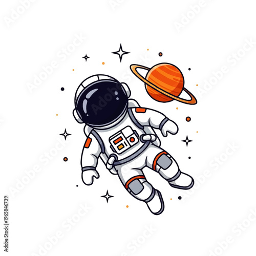 Vector flat design illustration of an astronaut floating in space near a planet with stars