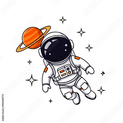 Vector flat design illustration of a cute astronaut floating in space near a stylized planet with stars