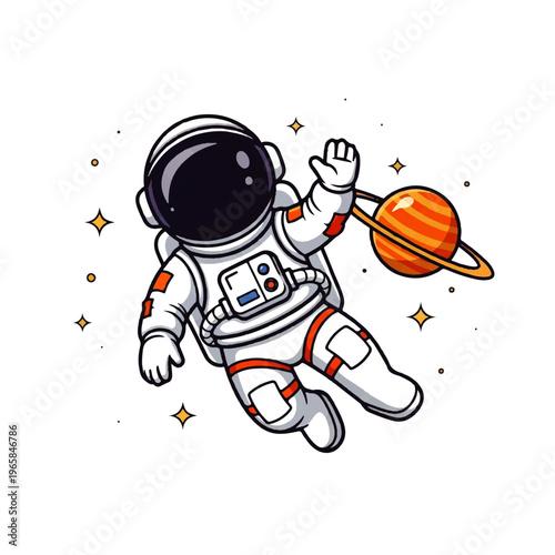 Vector flat design illustration of a cute astronaut floating in space near a colorful planet with stars