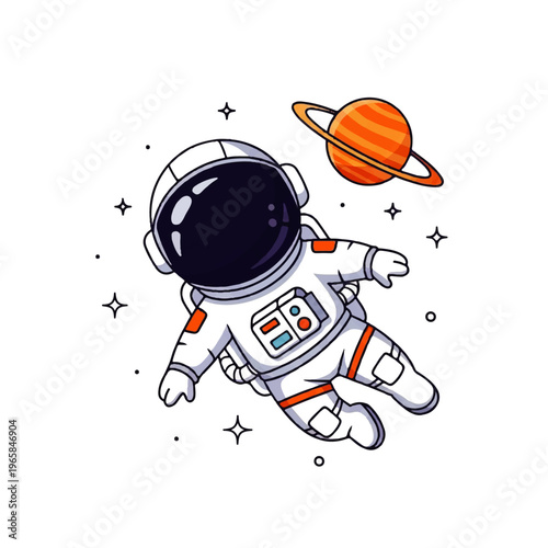 Vector flat design illustration of a cute astronaut floating in space near a ringed planet with stars