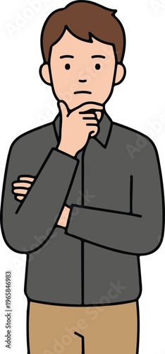 Man in Dark Grey Shirt Pondering with Hand on Chin, Thoughtful and Contemplative Character Flat Design Vector Illustration
