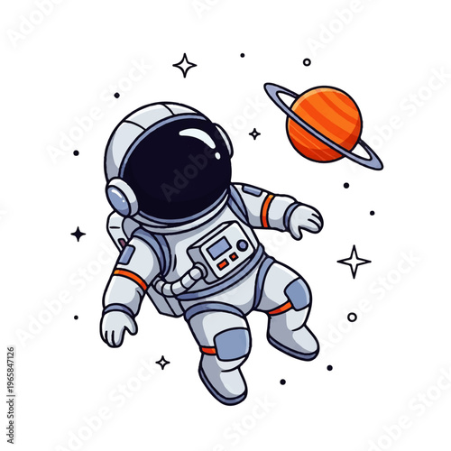 Vector flat design illustration of a cute astronaut floating in space near a planet with rings, surrounded by stars