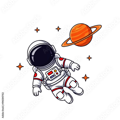 Vector flat design illustration of a cute astronaut floating in space near a ringed planet and stars