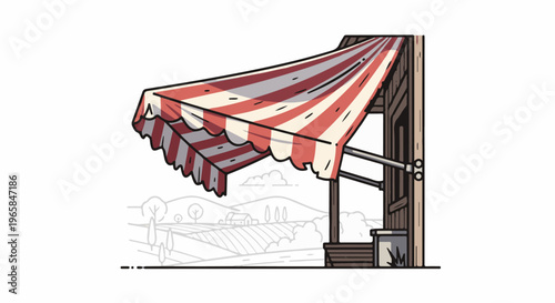 Striped awning shading a rustic structure against a countryside backdrop