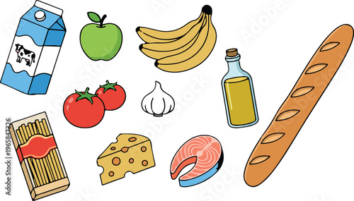 Fresh Grocery Food Items Collection with Milk, Apple, Bananas, Tomatoes, Garlic, Olive Oil, Pasta, Cheese, Salmon, and Baguette Bread, Colorful Supermarket Shopping and Healthy Nutrition Flat Design V