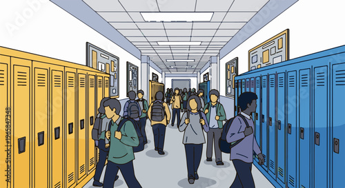 Students walk down a colorful school hallway lined with lockers