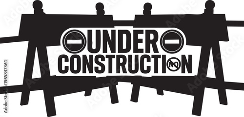 Black silhouette of construction barriers with under construction sign roadblock warning sign