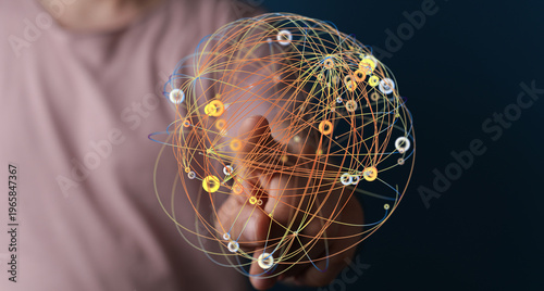 Fotografia Abstract network of connections, hand interacting with digital sphere, represent