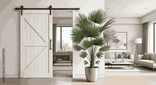 Stylish interior with barn door, large plant, and modern furniture