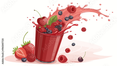 Fresh berry mix splash in glass with strawberries cherries raspberries and blueberries