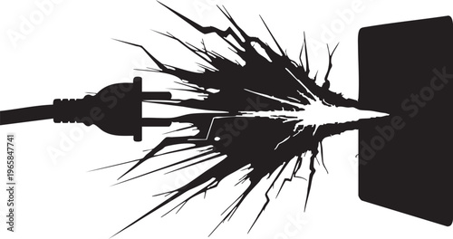 Black silhouette of electrical cord plug being pulled out of socket with dynamic crack effect