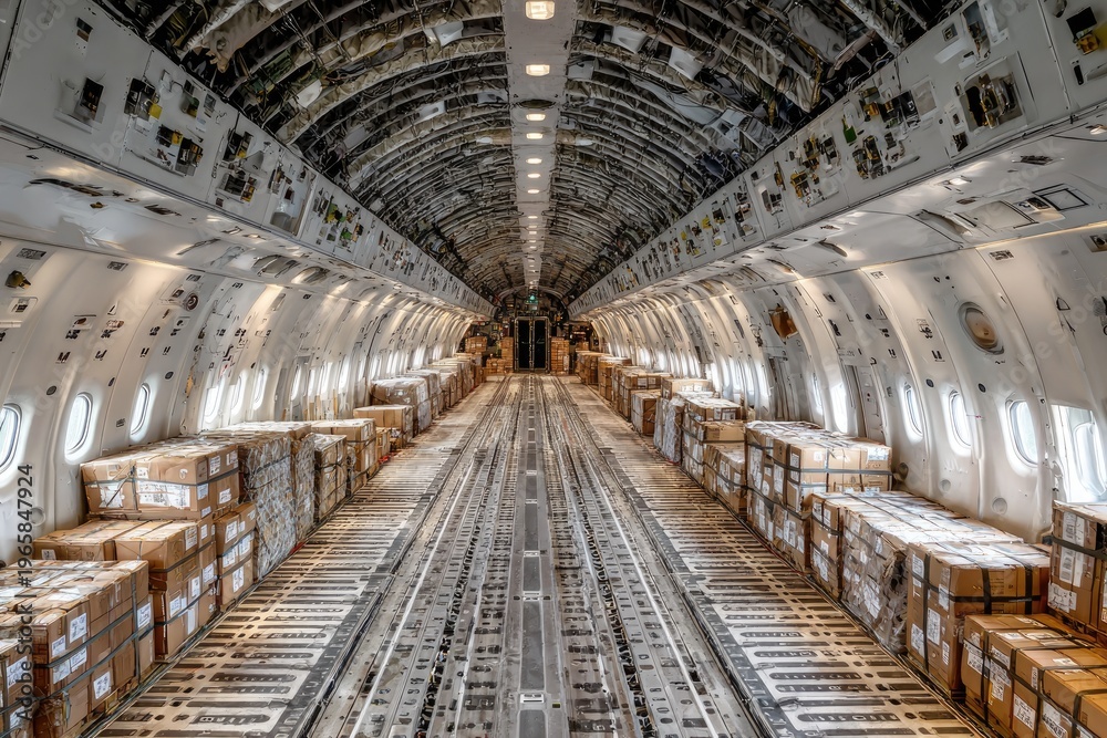 Obraz premium Interior view of a cargo aircraft, filled with boxes, showing the empty, long cargo bay