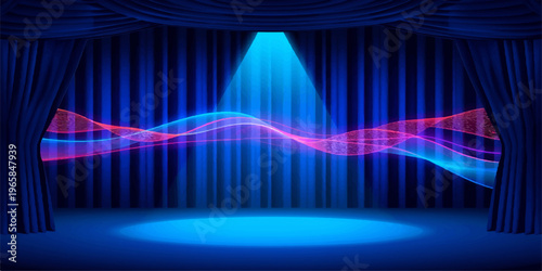 A dark digital backdrop featuring a glowing stage with a spotlight effect, blending blue neon waves and starry space textures into a vibrant motion design illustration