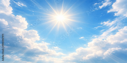 A beautiful summer day featuring a bright sun and white clouds in a clear blue sky, showcasing the natural light and atmosphere of a sunny cloudscape in the high heaven